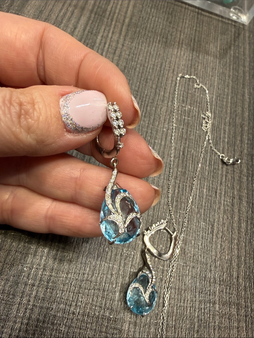Custom Aquamarine with diamonds and white gold earrings and necklace - set